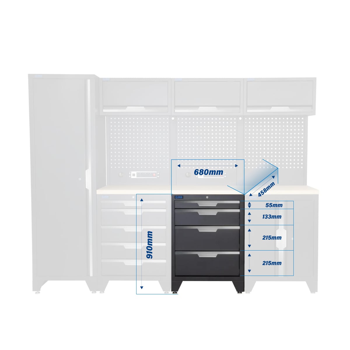 SGS 10pc Modular Garage Storage | 9 Drawers | Plywood Worktop | Tall Single Cabinet | Floor Cabinet | 3x Upper Cabinets | 2x Pegboards with Power Strip